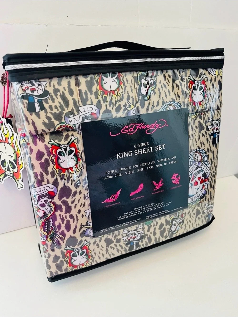 Ed Hardy 6 Piece King Size Sheet Set Love Kills Slowly Leopard Print Skulls
